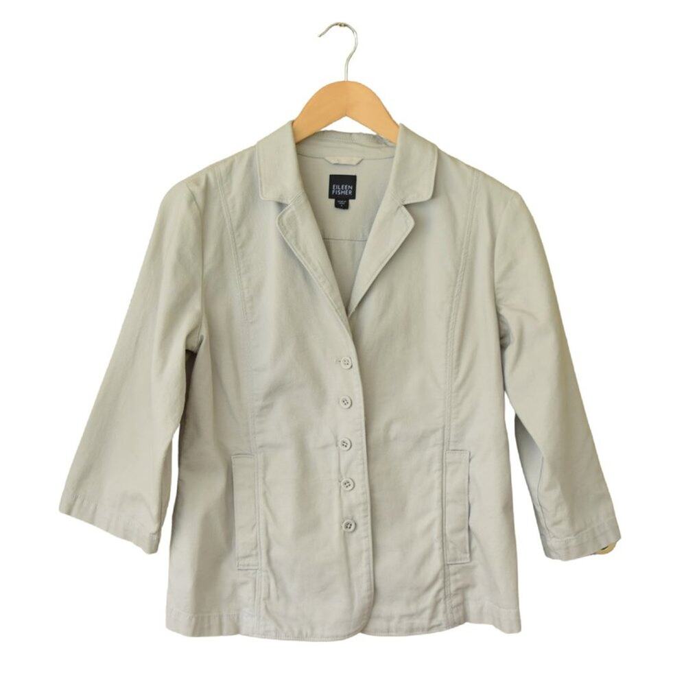 EILEEN FISHER Jacket Blazer Organic Cotton 3/4 Sleeve  Beige Fall Neutral